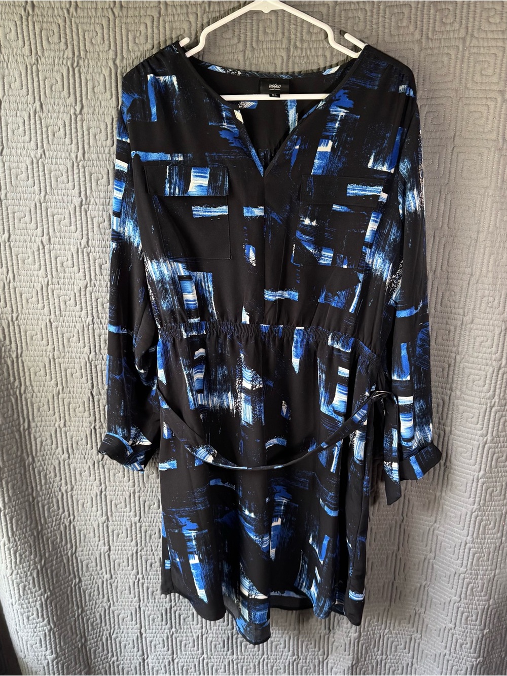 Mossimo Womens Dress XL Black Blue Abstract Brushstroke Long Sleeve Belted